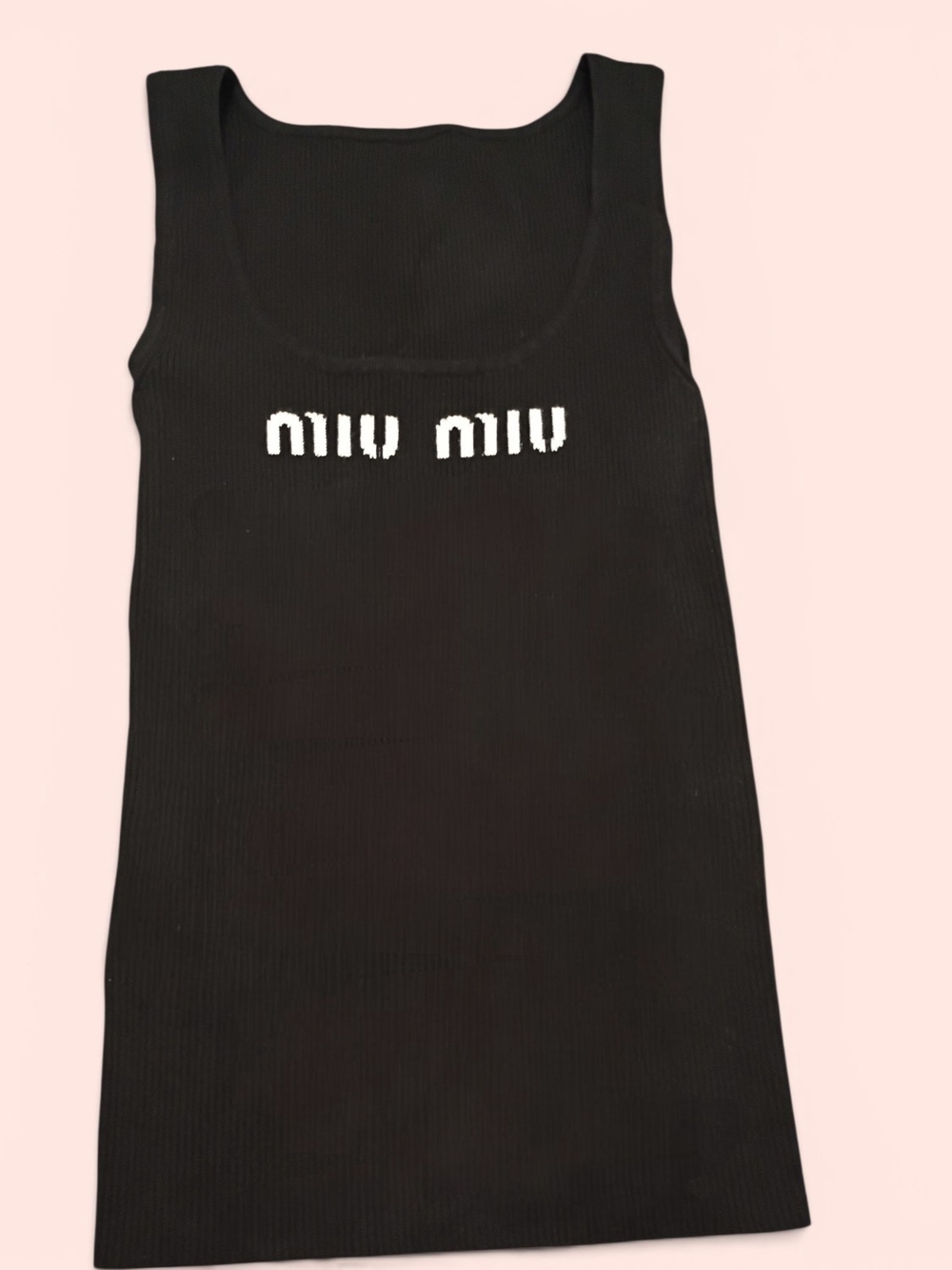 Miu Miu Black Ribbed Logo Tank Top with White Logo